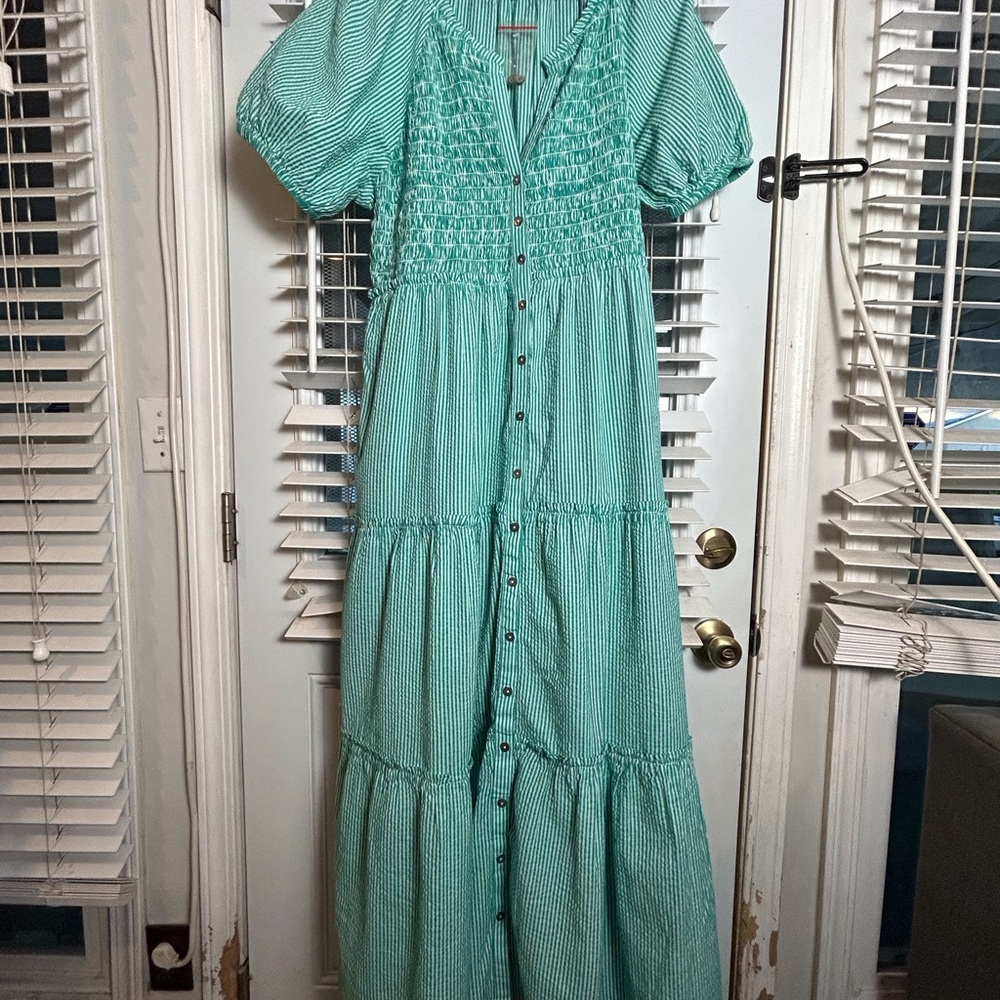 Sundance NWOT Teal Striped Maxi Dress XL Short Sleeve Cottagecore Milkmaid